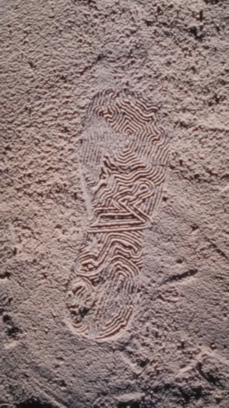 A single footprint with a detailed zigzag and striped pattern imprinted on sandy ground.